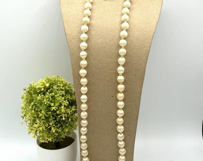 Vintage Satin Thread Wrapped Bead Necklace 28” Cream Gold Tone Retro Jewelry