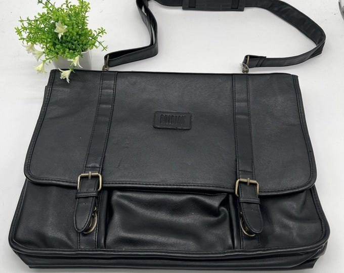 Bill Blass Faux Leather Laptop Briefcase • Black Messenger Bag • Detachable Strap