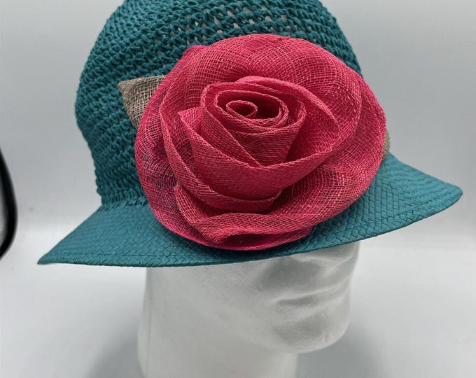 Vintage Rifali Made Italy Blue Turquoise Straw Bucket Hat With Large Pink Rose