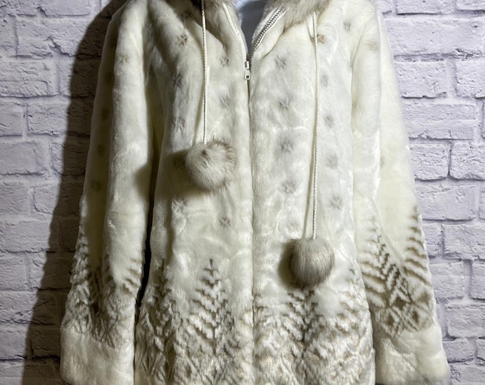 Black Mountain Faux Fur Coat Parka Hooded Sz M Womens Ivory Beige