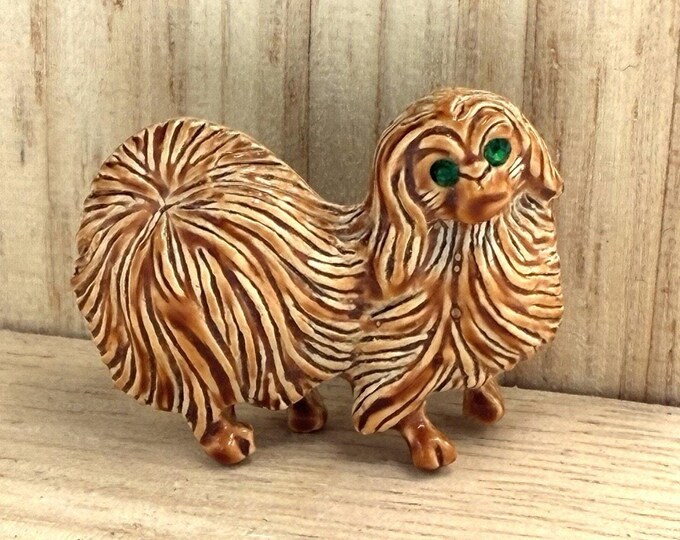Gerrys Signed Fluffy Dog Brooch Pin Green Rhinestone Eyes Pomeranian Vintage