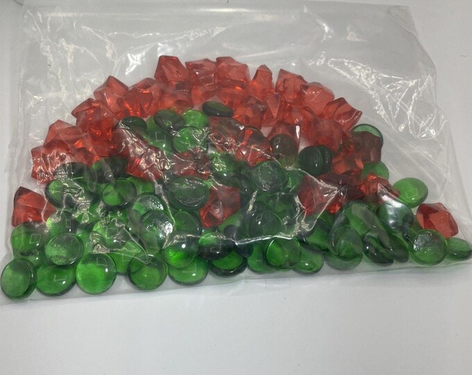 Green Glass Beads & Red Acrylic Gems 1lb+ Craft Vase Filler Mixed Lot