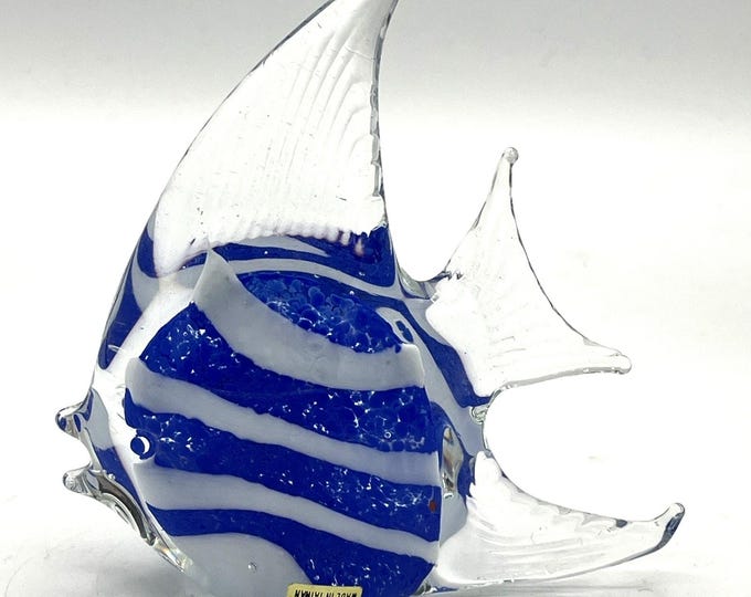 Art Glass Angel Fish Hand Blown Murano Style Paperweight/Figurine, Blue White 5”