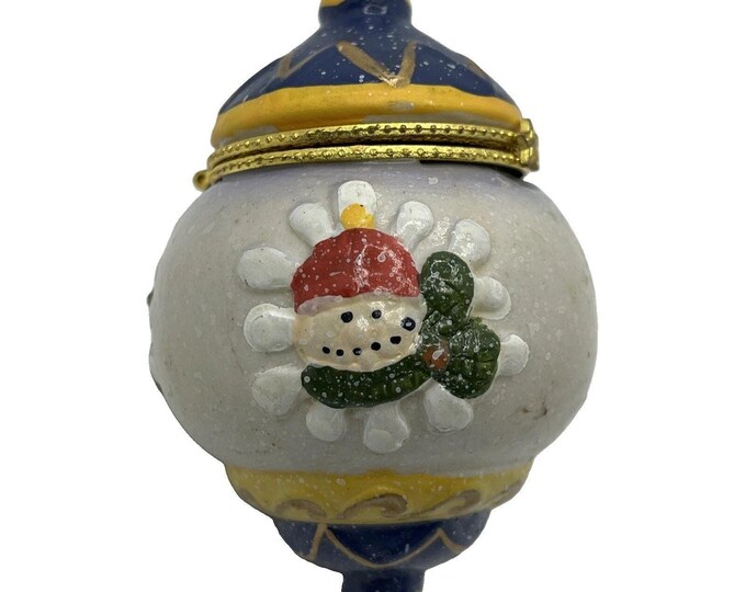 Vintage Snowman Christmas Hinged Trinket Box Hand Painted Ceramic Ornament
