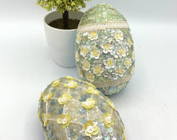 Vintage Sequin Beaded Easter Egg Trinket Box Set of 2 Iridescent Yellow Flowers