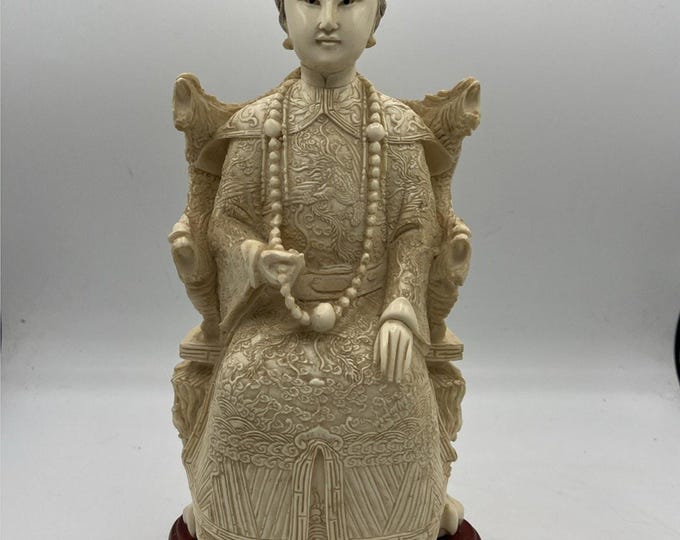Vintage Chinese Empress Carved Cast Resin W Faux Ivory Finish Figurine Statue