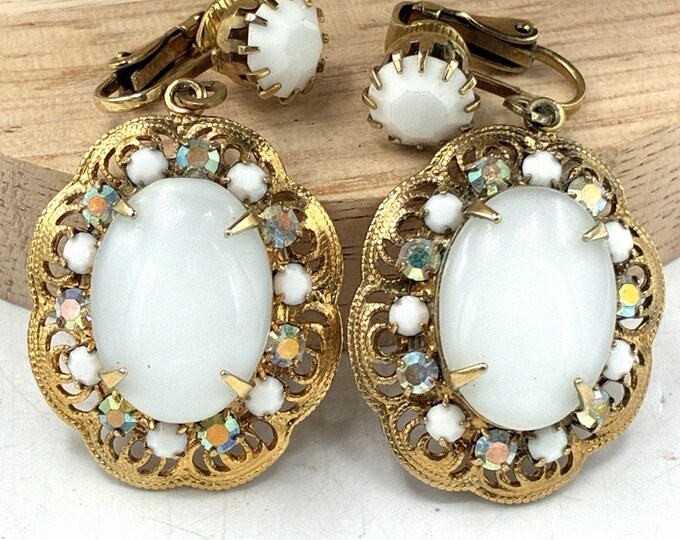Vintage Milk Glass Oval Cabochon Dangle Clip Earrings AB Rhinestone Filigree