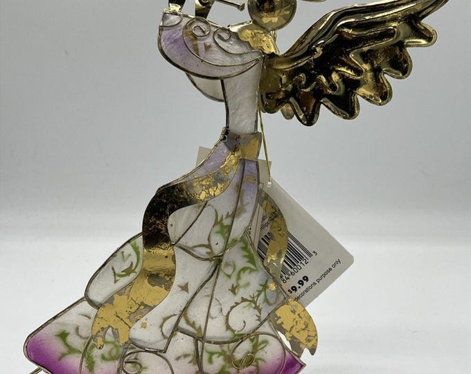 Vintage Capiz Shell Brass Angel Figurine 8.5” Purple White Christmas AS IS