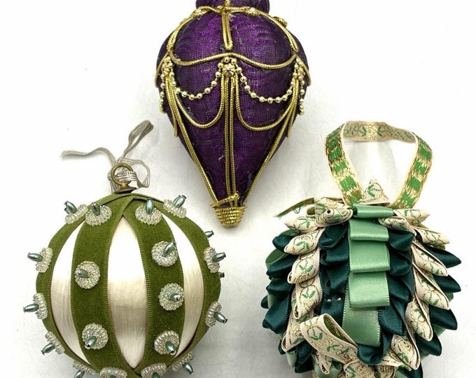 Vintage Fabric Christmas Ornament Lot 3 Beaded Ribbon Ball Purple Green Ornate