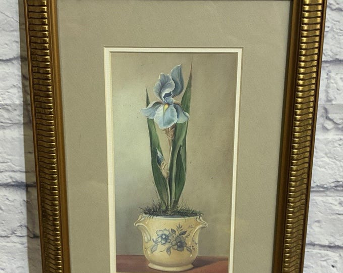 Vintage Fabrice de Villeneuve Blue Iris Botanical Textured Print, Framed, 11x16
