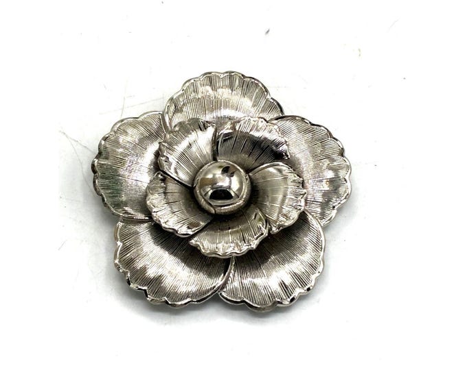 Vintage Signed Liebo USA Silver Tone Flower Scarf Clip Dimensional Rose 1.75 Inch