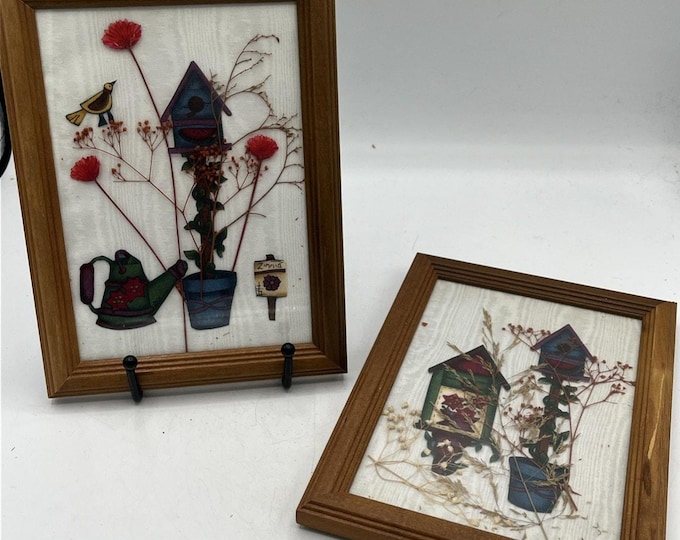 Vintage Set Of 2 Handmade Oshibana" or pressed flower art Fabric Birdhouse 5x7”