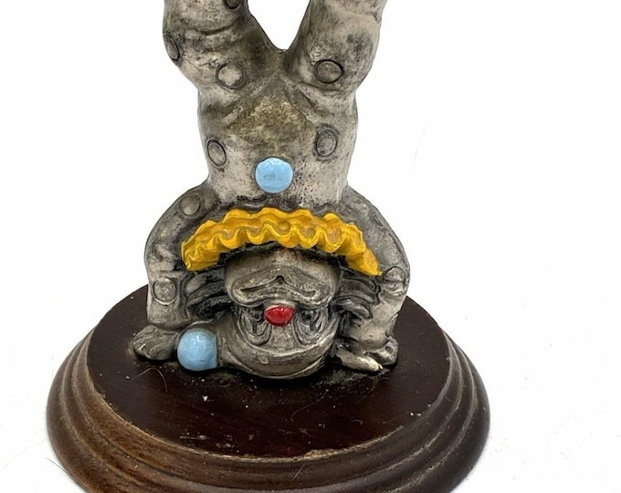 Vintage Pewter Clown Figurine — Headstand Pose, Wood Base, Enamel Accents, 1970s–1980s