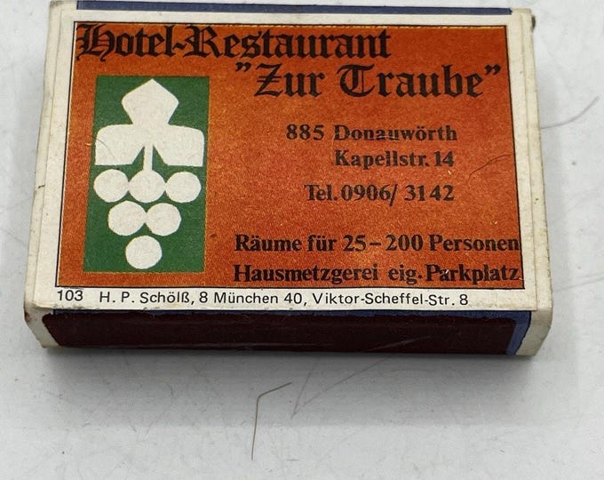 Hotel Restaurant Zur Traube Donauwörth Germany Vintage Advertising Matchbox