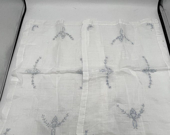 Vintage White Cotton Linen Blend Embroidered Hemstitch Dresser Scarf Set of 2