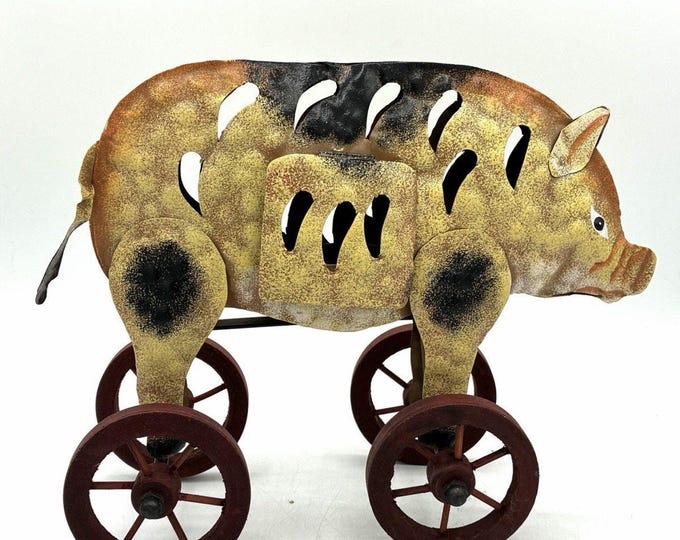 Primitive Metal Pig Tea Light Holder Wood Wheels Farmhouse Folk Art 10”