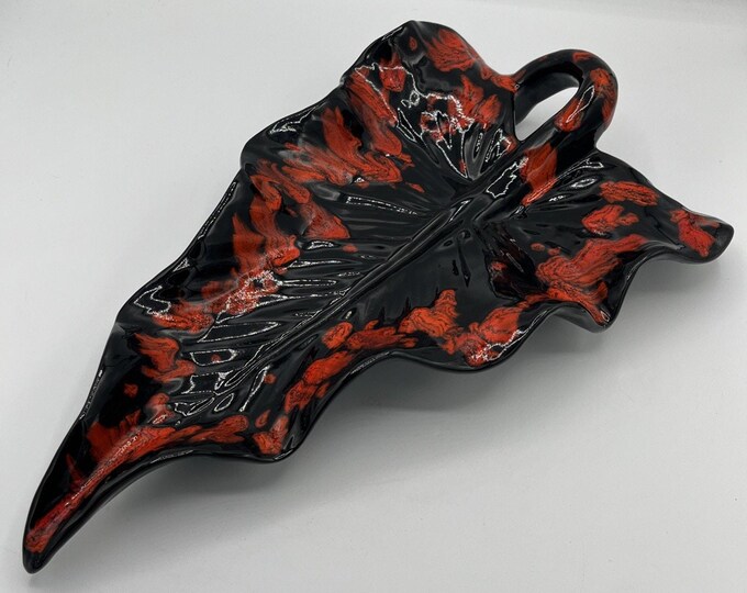 Vintage Large 14” MCM Black Red Ceramic Leaf Dish Retro Drip Glaze