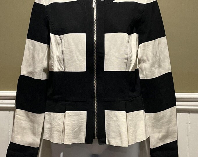 INC Striped Ruffle Zip Jacket Top – Black White Women’s Medium
