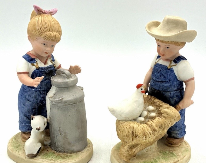 Vintage HOMCO Denim Days Figurines Set 2 Farm Children 1985 #1501 Country Decor