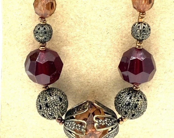 Vintage Nina Ricci for Avon 30” Necklace Burgundy Caramel Tone Beads Filigree NR