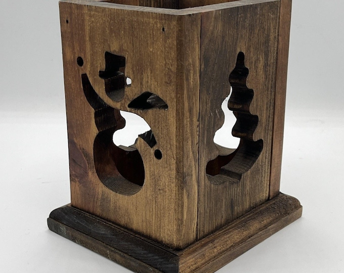 Vtg Primitive Wood Christmas Candle Tealight Lantern Holder No Top Snowman Tree