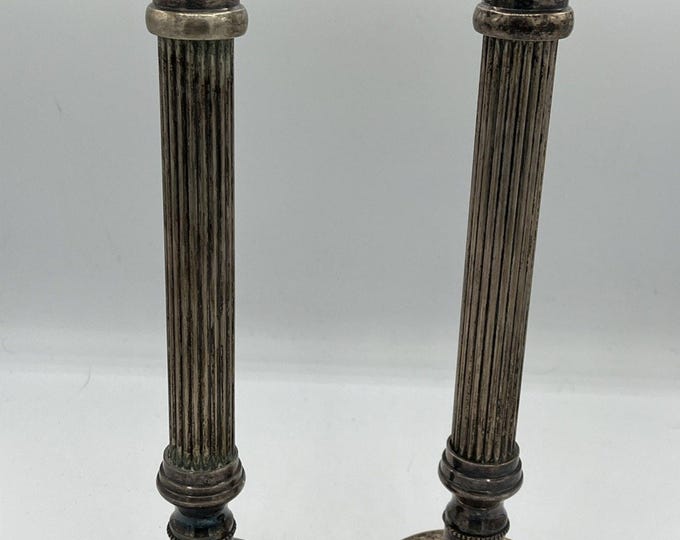 Vintage Silver Tone Neoclassical Column Taper Candlestick Heavy India 11”T