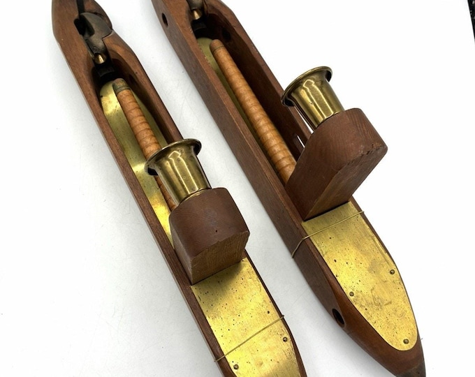 Vintage Weaving Loom Shuttle Candle Sconces Pair Wood Brass Textile Mill