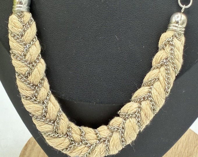 Vintage Braided Rope Chain Statement Necklace Silver Tone Boho 16 Inch