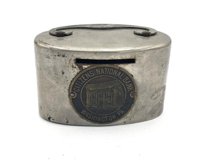 Citizens National Bank Washington PA Pewter Metal Coin Bank Round 2.5x4" No Key
