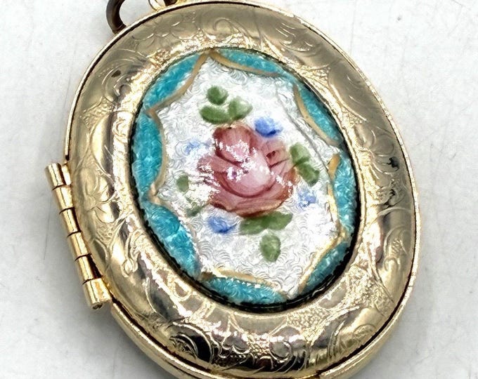 Vintage Enamel Rose Floral Locket 2” Engraved Gold Tone Oval Photo Pendant