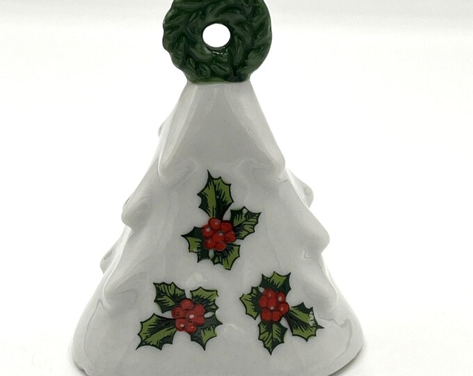 Vintage Lefton Japan Porcelain Christmas Tree Bell #457 Holly Berries Gold Trim
