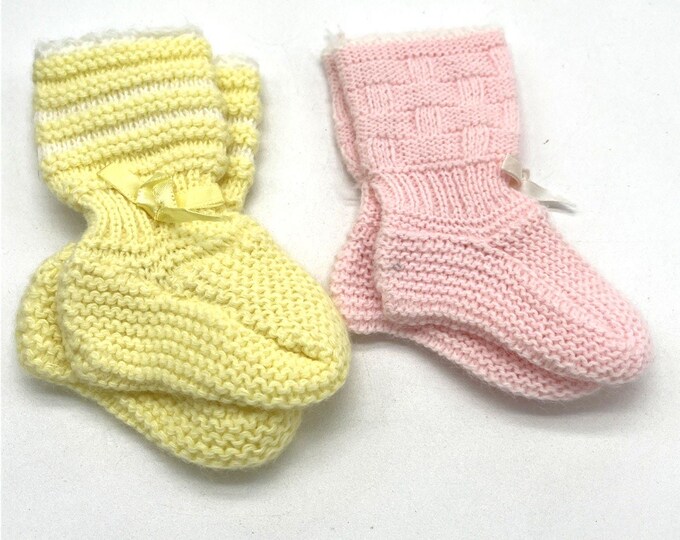 Vintage Handmade Crocheted Baby Booties Socks Set of 2 Pink Yellow Newborn Gift