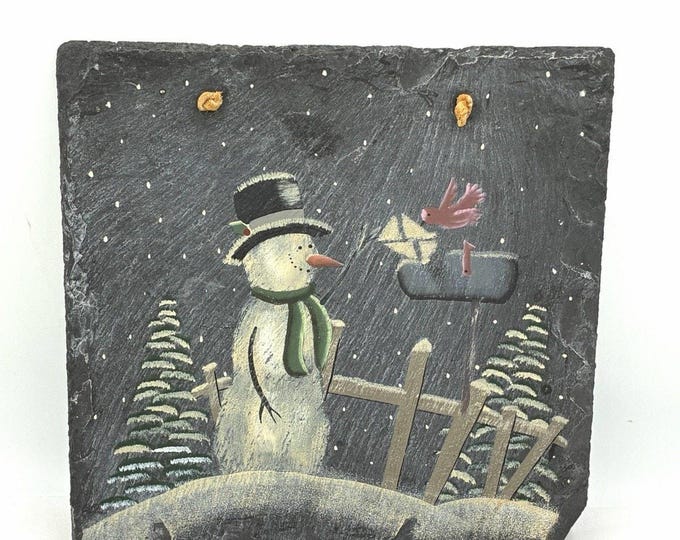 Rustic Snowman Slate Wall Hanging Winter Folk Art Mailbox Bird Christmas 9.5 Inch