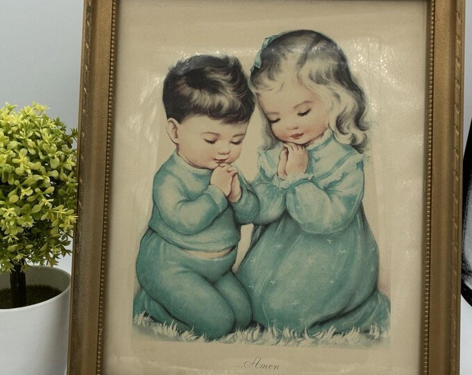 Vintage Charlot Byj Amen Kneeling Children Framed Print Boy Girl Nursery Art