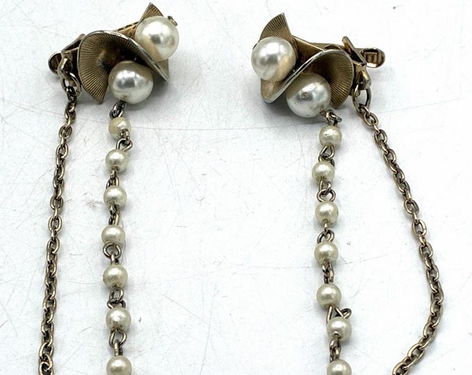 Vintage Gold Tone Shoe Clips Faux Pearl Dangle Chains Retro Pair 3”