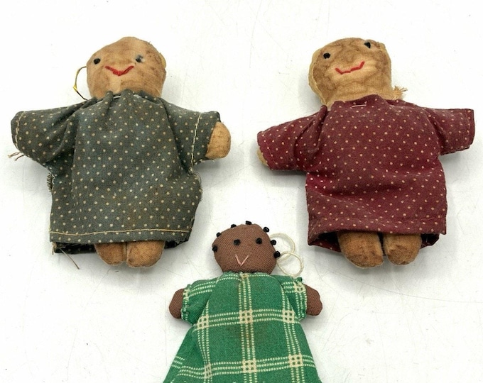 Vintage Primitive Cloth Doll Ornaments Lot of 3 Handmade Folk Art Christmas