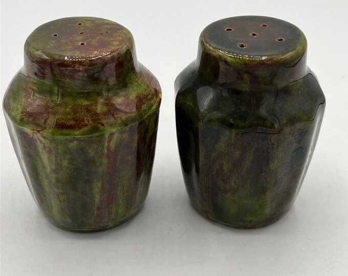 Artisan Pottery Salt & Pepper Shakers – Brown Green Drip Glaze MCM 3”
