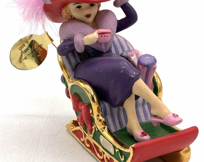 Danbury Mint Red Hat Society Lady Sleigh Christmas Ornament Purple Red