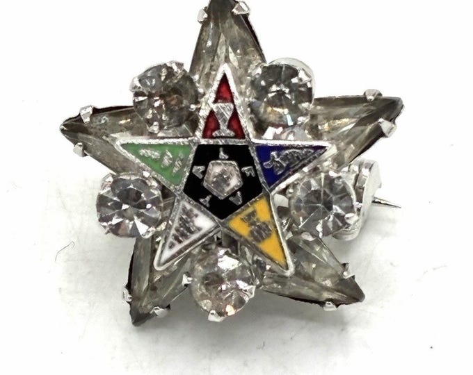 Vintage Order of the Eastern Star Rhinestone Brooch Enamel Star