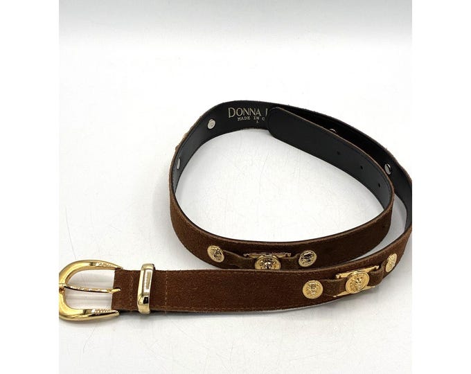 Donna Katz Brown Suede Belt Gold Lion Medallions Vintage Style 32-36 Size Large