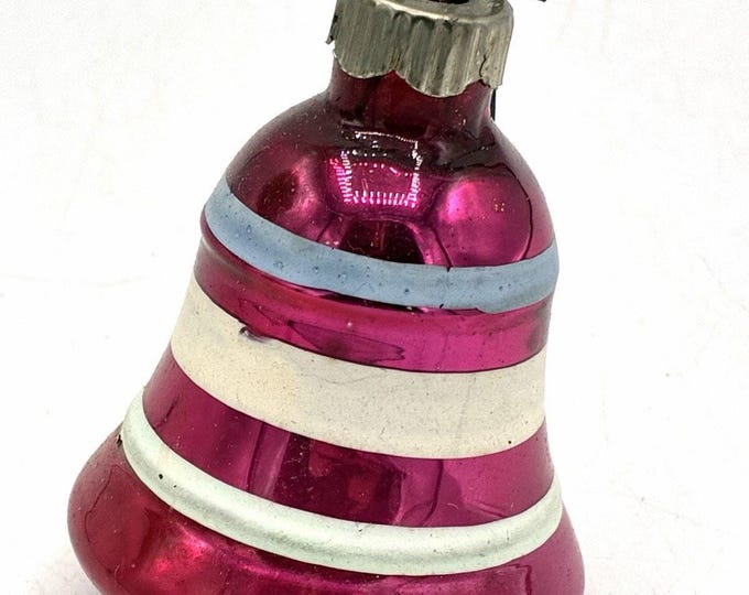 Vintage Shiny Brite Bell Ornament – Magenta Pink Blue White Striped Christmas