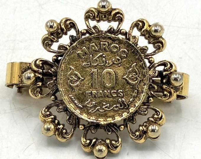 Moroccan 10 Francs Coin Scarf Clip Gold Tone Filigree Vintage Morocco