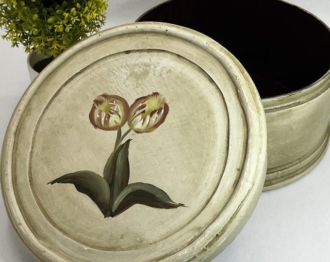 Vintage Round Wood Tole Storage Box Hand Painted Floral Folk Art Cottage Country Decor