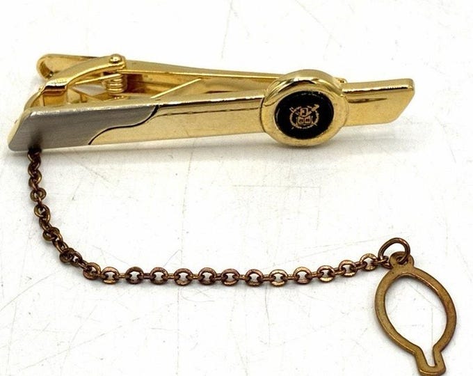 Masonic Tie Bar Chain Fob 24K Gold Filled Black Enamel Vintage Freemason
