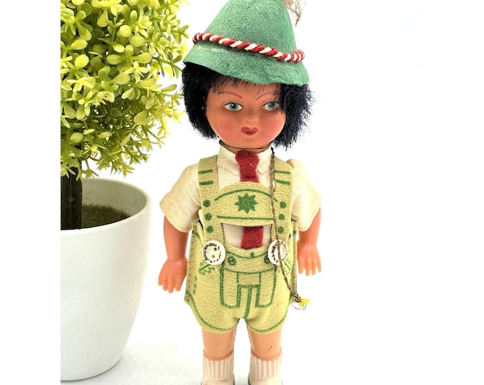Vintage Austria Tyrolean Boy Doll Lederhosen Felt Hat Folk Costume 7”