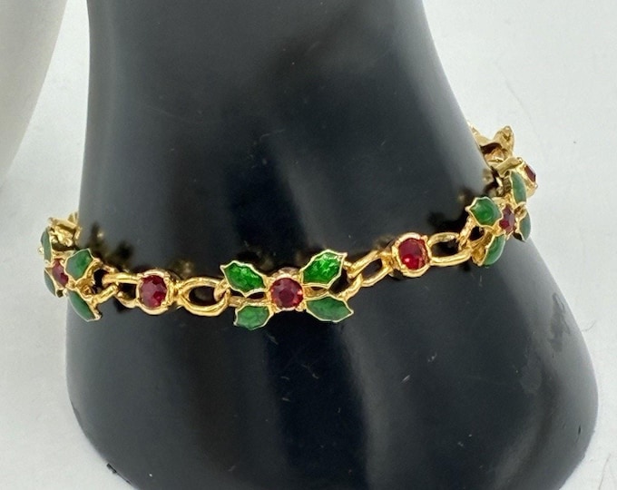 Vintage Holly Berry Bracelet Green Enamel Red Rhinestone Gold Tone Christmas