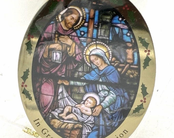 Nativity Stained Glass Style Ornament – Gold Tone Christmas Keepsake 3”