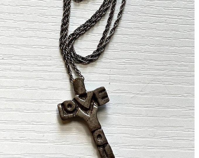 Vintage Sterling Silver I Love You Cross Necklace Rope Chain Religious
