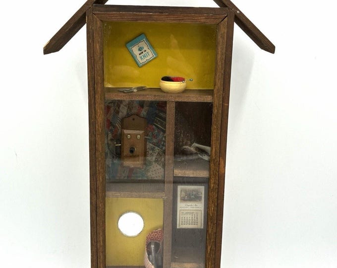 Vintage Miniature Sewing Room Shadow Box Wood House Folk Art Wall Decor 14”