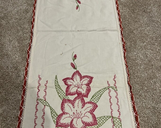 Vtg Ivory Embroidered Floral Linen Cotton Blend Crochet Edging Table Runner 39”